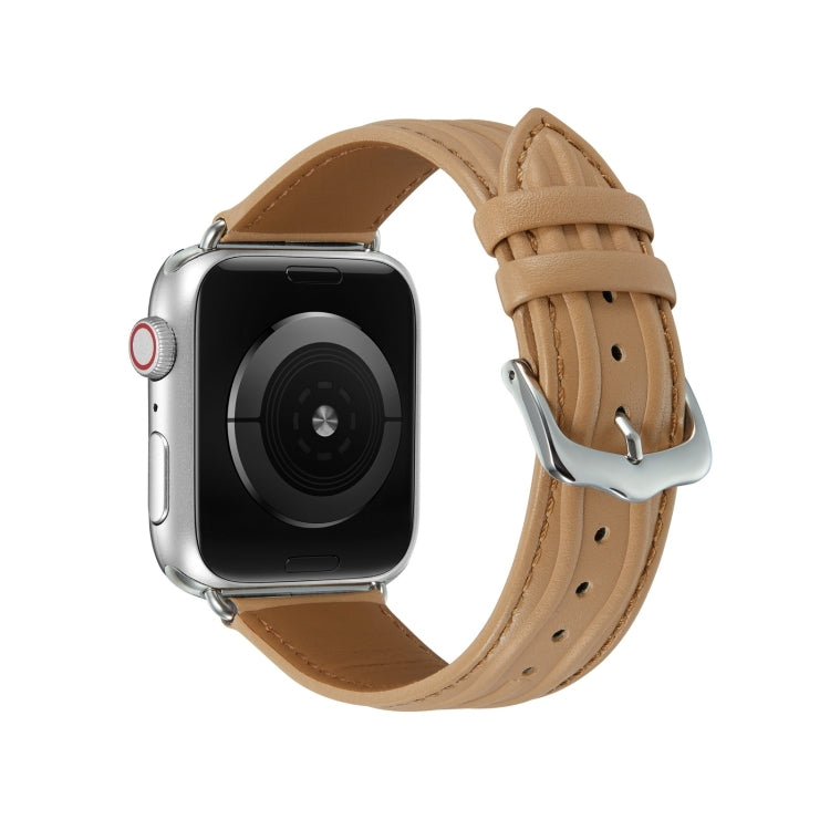 Embossed Line Genuine Leather Watch Band For Apple Watch SE 2023 44mm(Khaki) by bashfashion