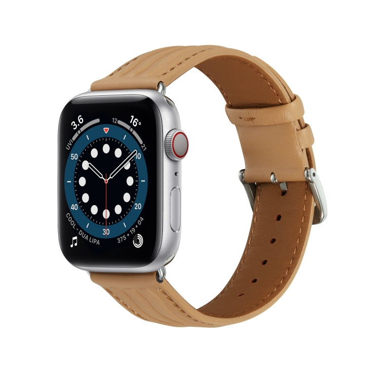 Embossed Line Genuine Leather Watch Band For Apple Watch SE 2023 40mm(Khaki) by bashfashion