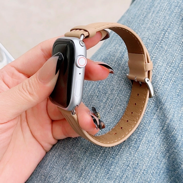 Embossed Line Genuine Leather Watch Band For Apple Watch Ultra 2 49mm(Khaki) by bashfashion