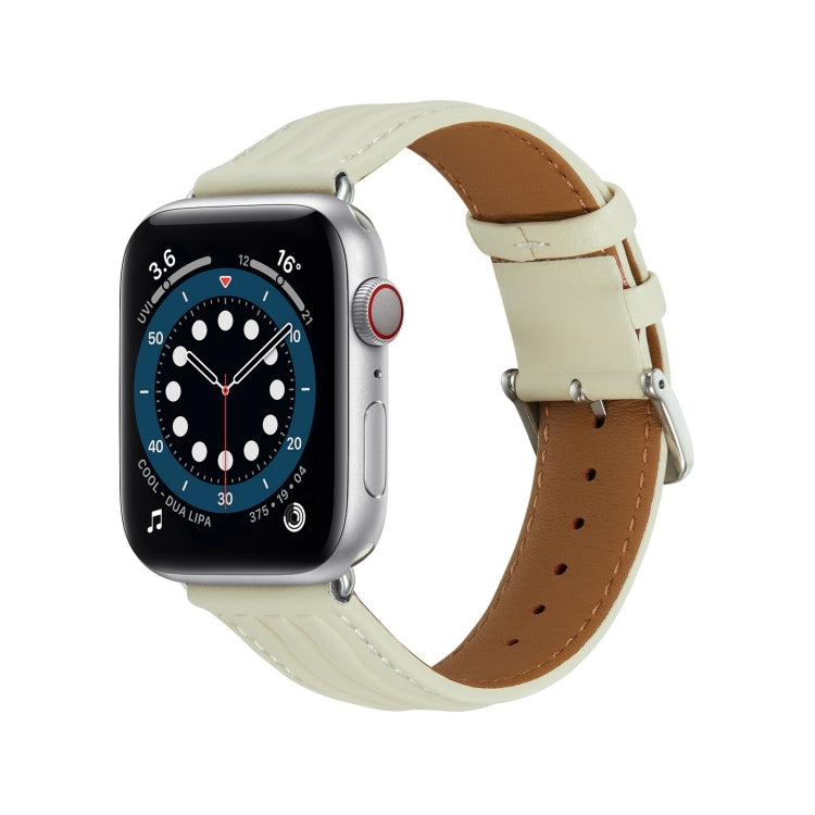 Embossed Line Genuine Leather Watch Band For Apple Watch Ultra 2 49mm(Milky White) by bashfashion
