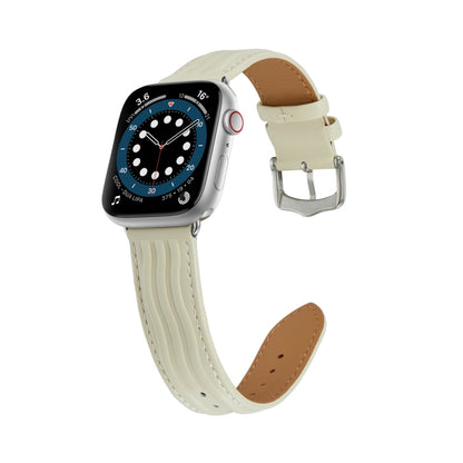 Embossed Line Genuine Leather Watch Band For Apple Watch Ultra 2 49mm(Milky White) by bashfashion