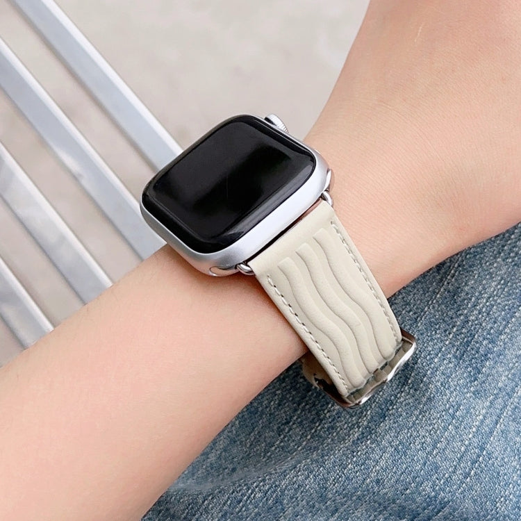 Embossed Line Genuine Leather Watch Band For Apple Watch Ultra 2 49mm(Milky White) by bashfashion