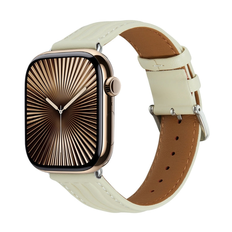 Embossed Line Genuine Leather Watch Band For Apple Watch Series 10 42mm(Milky White) by bashfashion