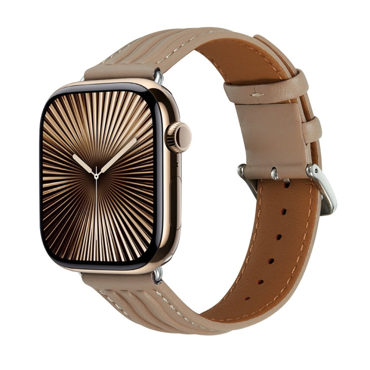 Embossed Line Genuine Leather Watch Band For Apple Watch Series 10 46mm(Milky Brown) by bashfashion