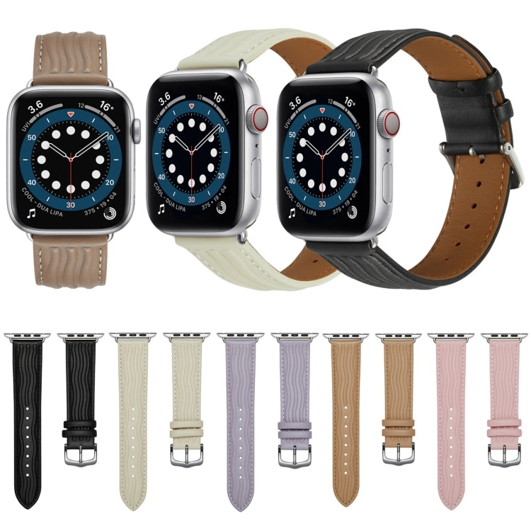 Embossed Line Genuine Leather Watch Band For Apple Watch Ultra 2 49mm(Milky White) by bashfashion