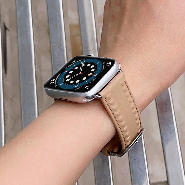 Embossed Love Genuine Leather Watch Band For Apple Watch 7 45mm(Khaki) by bashfashion