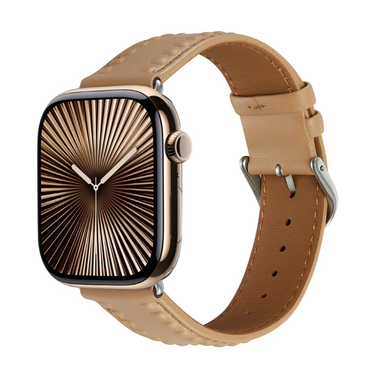 Embossed Love Genuine Leather Watch Band For Apple Watch Series 10 46mm(Khaki) by bashfashion