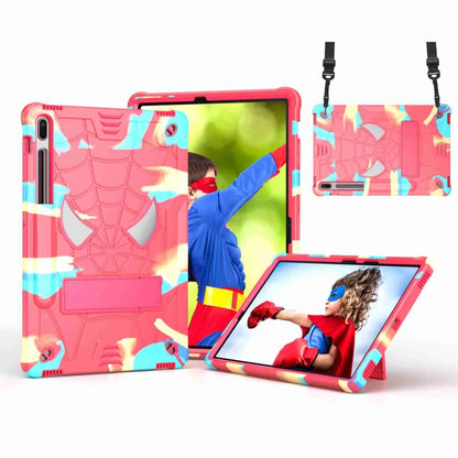 For Samsung Galaxy Tab S7 FE / S7+ / S8+ Spider Texture Silicone Hybrid PC Tablet Case with Shoulder Strap(Camouflage + Rose Red) by bashfashion