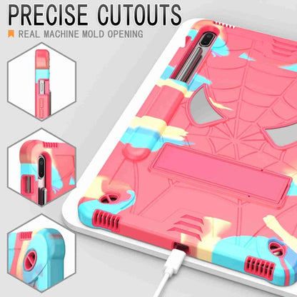 For Samsung Galaxy Tab S7 FE / S7+ / S8+ Spider Texture Silicone Hybrid PC Tablet Case with Shoulder Strap(Camouflage + Rose Red) by bashfashion