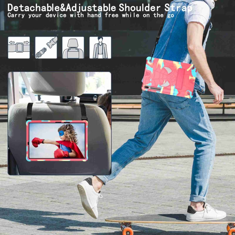 For Samsung Galaxy Tab S7 FE / S7+ / S8+ Spider Texture Silicone Hybrid PC Tablet Case with Shoulder Strap(Camouflage + Rose Red) by bashfashion