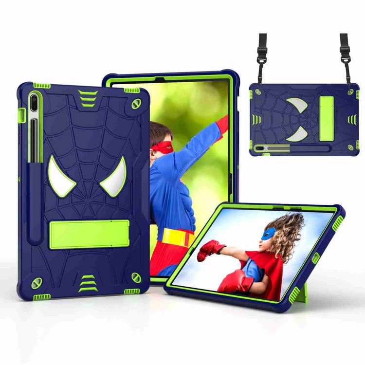 For Samsung Galaxy Tab S7 FE / S7+ / S8+ Spider Texture Silicone Hybrid PC Tablet Case with Shoulder Strap(Navy Blue + Yellow Green) by bashfashion