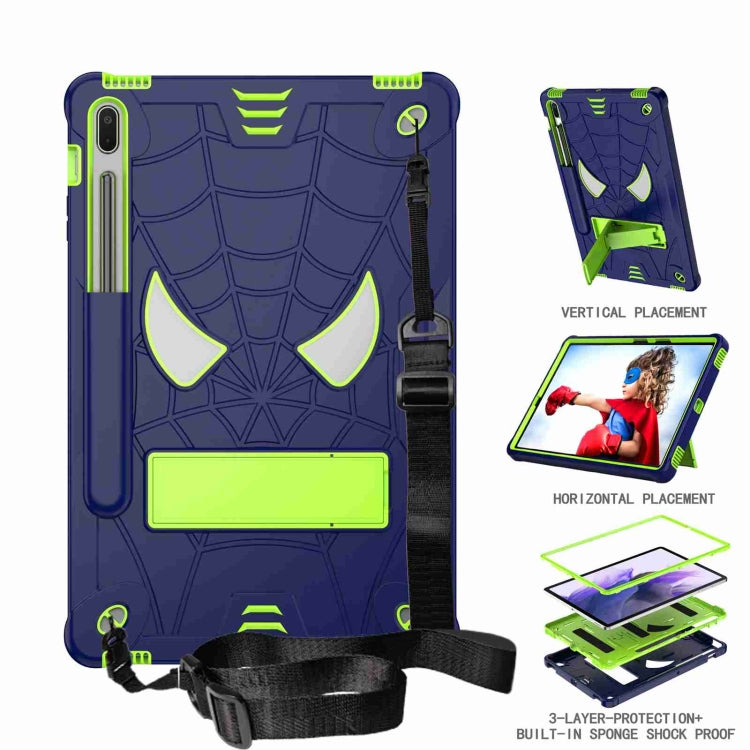 For Samsung Galaxy Tab S7 FE / S7+ / S8+ Spider Texture Silicone Hybrid PC Tablet Case with Shoulder Strap(Navy Blue + Yellow Green) by bashfashion