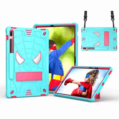 For Samsung Galaxy Tab S7 FE / S7+ / S8+ Spider Texture Silicone Hybrid PC Tablet Case with Shoulder Strap(Mint Green + Rose Red) by bashfashion