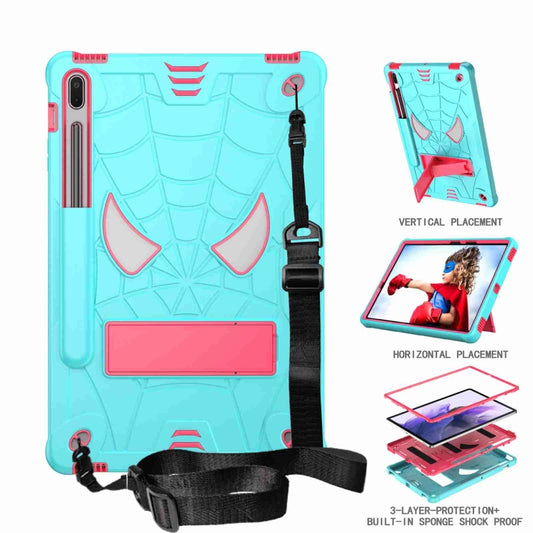 For Samsung Galaxy Tab S7 FE / S7+ / S8+ Spider Texture Silicone Hybrid PC Tablet Case with Shoulder Strap(Mint Green + Rose Red) by bashfashion