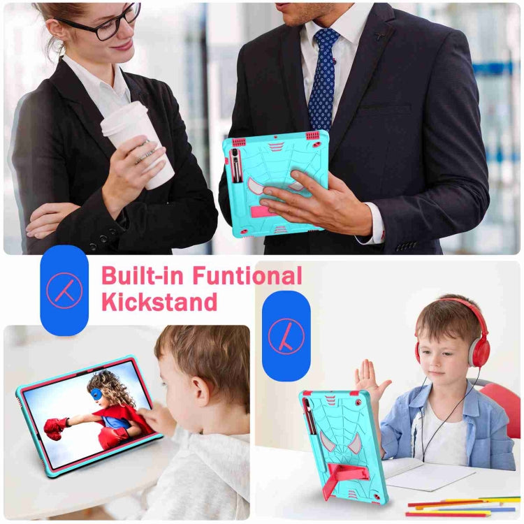 For Samsung Galaxy Tab S7 FE / S7+ / S8+ Spider Texture Silicone Hybrid PC Tablet Case with Shoulder Strap(Mint Green + Rose Red) by bashfashion