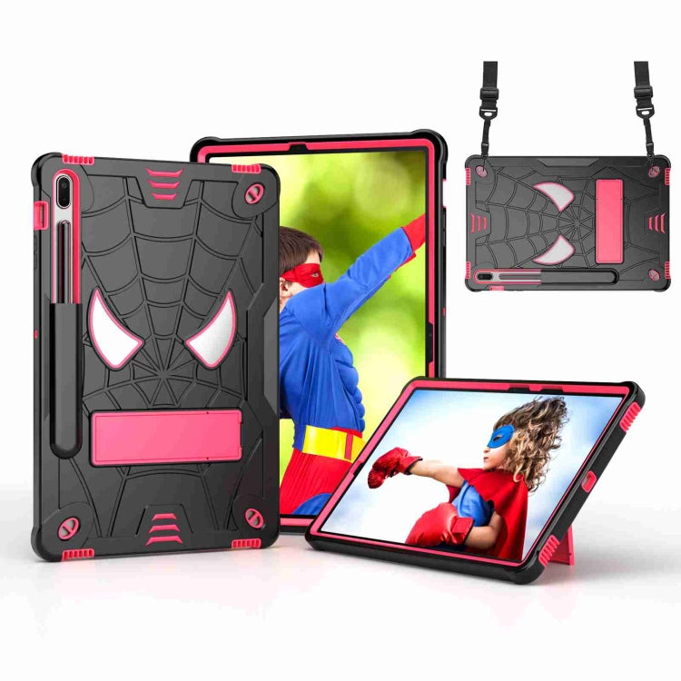 For Samsung Galaxy Tab S7 FE / S7+ / S8+ Spider Texture Silicone Hybrid PC Tablet Case with Shoulder Strap(Black + Rose Red) by bashfashion