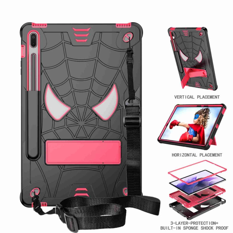 For Samsung Galaxy Tab S7 FE / S7+ / S8+ Spider Texture Silicone Hybrid PC Tablet Case with Shoulder Strap(Black + Rose Red) by bashfashion