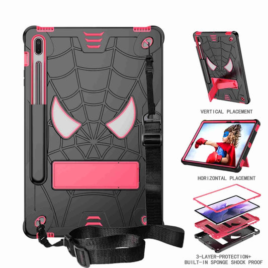 For Samsung Galaxy Tab S7 FE / S7+ / S8+ Spider Texture Silicone Hybrid PC Tablet Case with Shoulder Strap(Black + Rose Red) by bashfashion