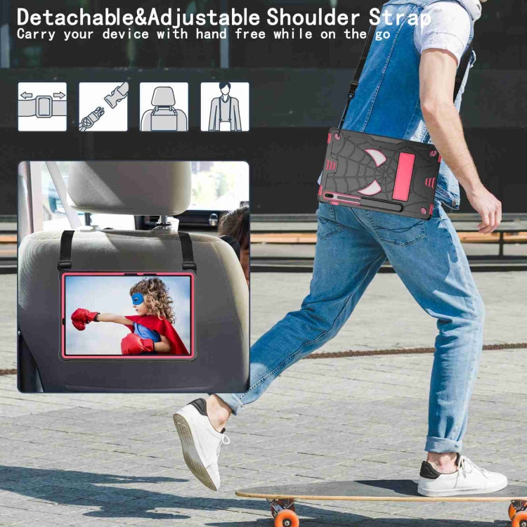 For Samsung Galaxy Tab S7 FE / S7+ / S8+ Spider Texture Silicone Hybrid PC Tablet Case with Shoulder Strap(Black + Rose Red) by bashfashion
