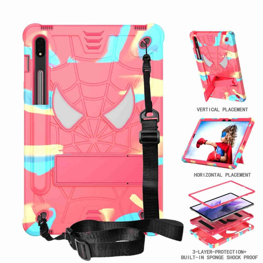 For Samsung Galaxy Tab S7 / S8 Spider Texture Silicone Hybrid PC Tablet Case with Shoulder Strap(Camouflage + Rose Red) by bashfashion