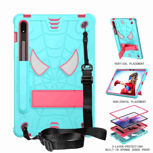 For Samsung Galaxy Tab S7 / S8 Spider Texture Silicone Hybrid PC Tablet Case with Shoulder Strap(Mint Green + Rose Red) by bashfashion