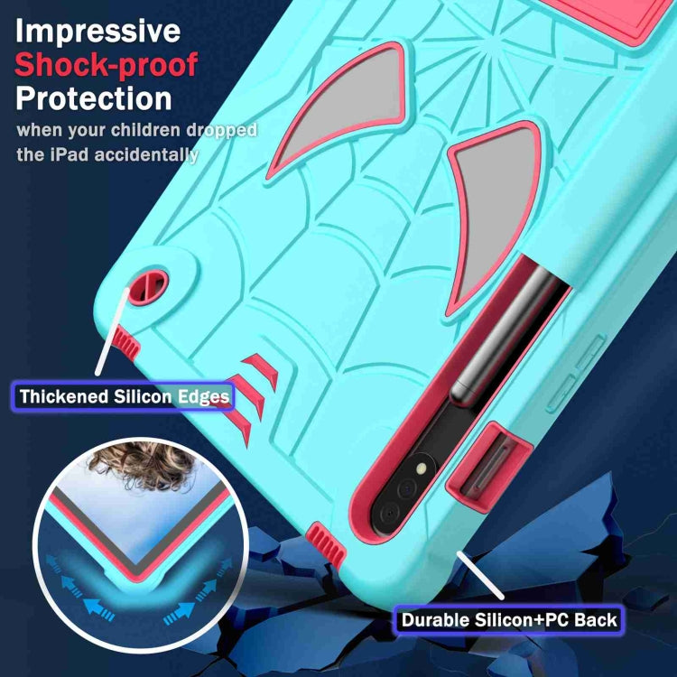 For Samsung Galaxy Tab S7 / S8 Spider Texture Silicone Hybrid PC Tablet Case with Shoulder Strap(Mint Green + Rose Red) by bashfashion