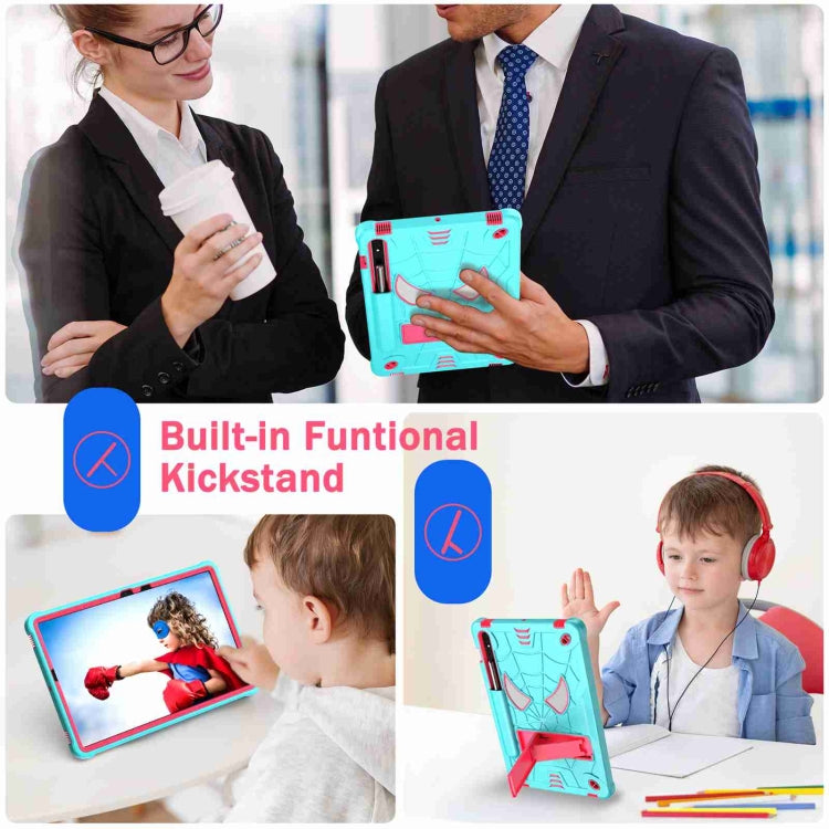 For Samsung Galaxy Tab S7 / S8 Spider Texture Silicone Hybrid PC Tablet Case with Shoulder Strap(Mint Green + Rose Red) by bashfashion