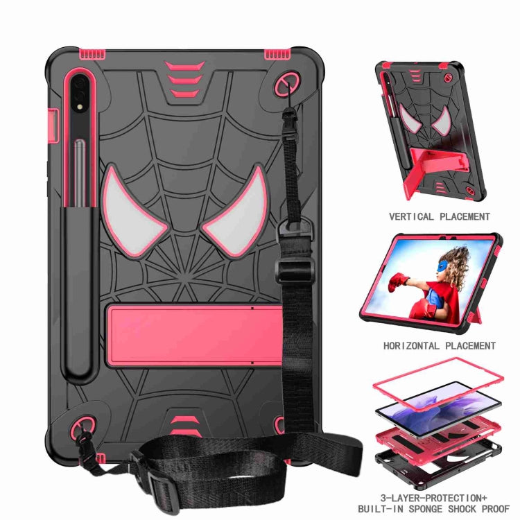 For Samsung Galaxy Tab S7 / S8 Spider Texture Silicone Hybrid PC Tablet Case with Shoulder Strap(Black + Rose Red) by bashfashion