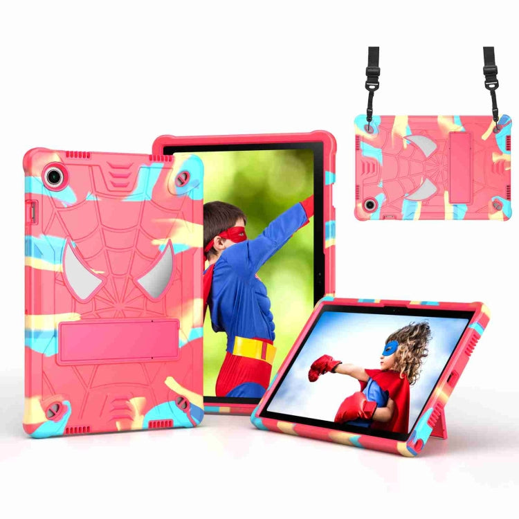 For Samsung Galaxy Tab A8 10.5 2021 Spider Texture Silicone Hybrid PC Tablet Case with Shoulder Strap(Camouflage + Rose Red) by bashfashion