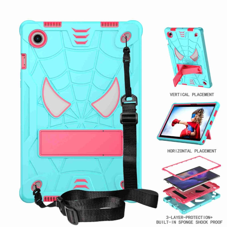 For Samsung Galaxy Tab A8 10.5 2021 Spider Texture Silicone Hybrid PC Tablet Case with Shoulder Strap(Mint Green + Rose Red) by bashfashion