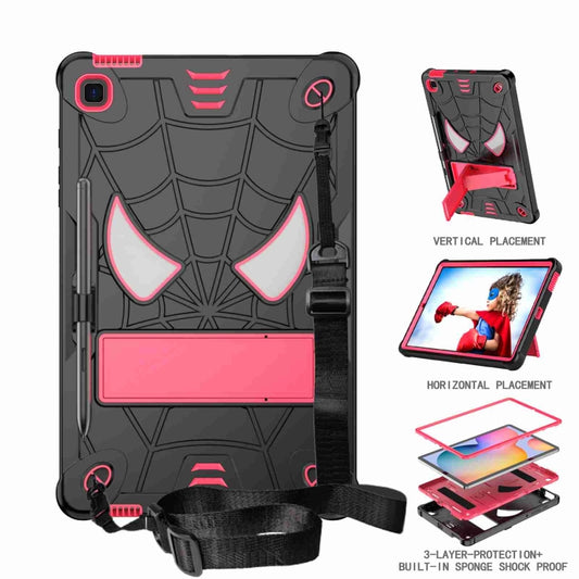 For Samsung Galaxy Tab S6 Lite P610 Spider Texture Silicone Hybrid PC Tablet Case with Shoulder Strap(Black + Rose Red) by bashfashion