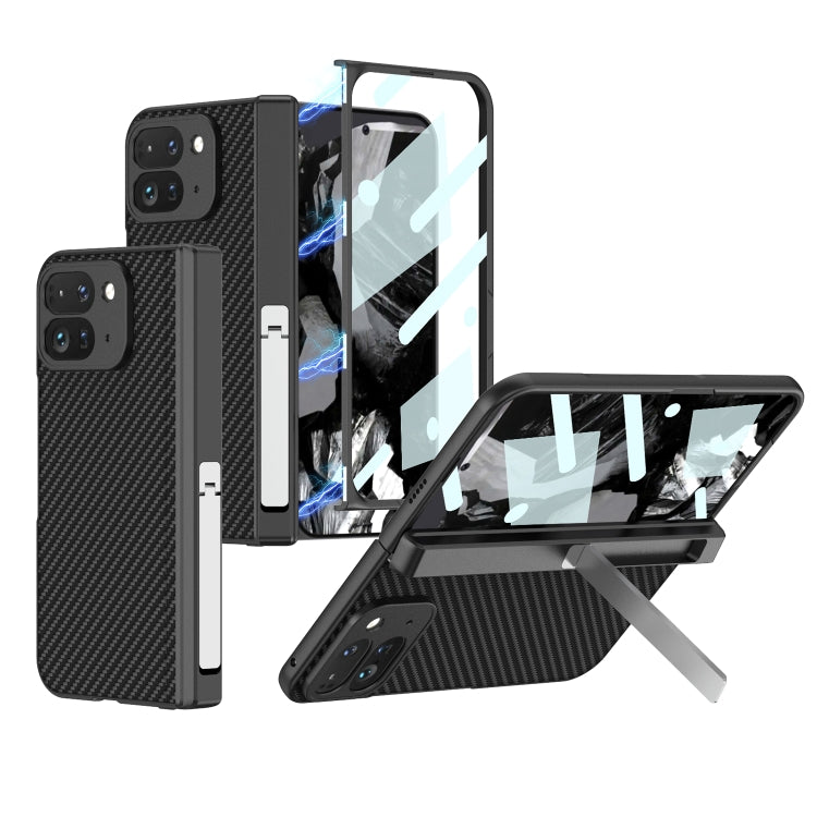 For Google Pixel 9 Pro Fold GKK Integrated Fold Hinge Leather Phone Case with Holder(Carbon Fibre Black) by GKK