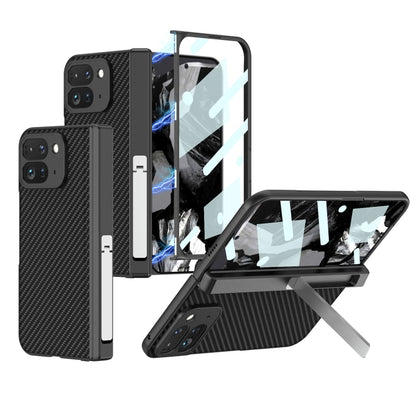 For Google Pixel 9 Pro Fold GKK Integrated Fold Hinge Leather Phone Case with Holder(Carbon Fibre Black) by GKK