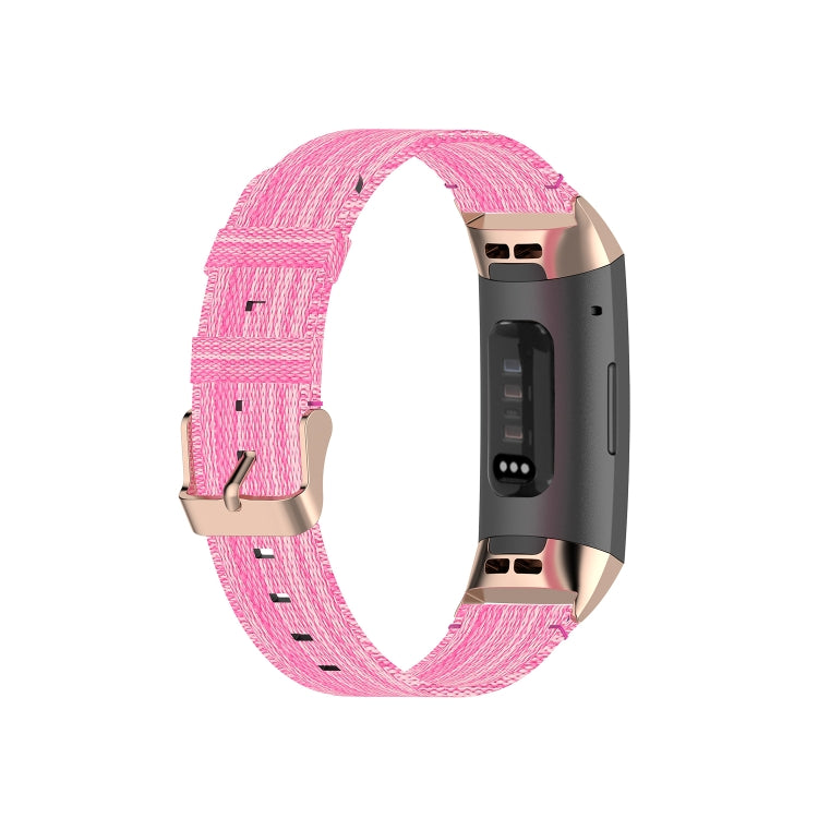 For Fitbit Charge 4 / Charge 3 / Charge 3 SE Stainless Steel Head Grain Nylon Denim Replacement Strap Watchband(Pink) by bashfashion