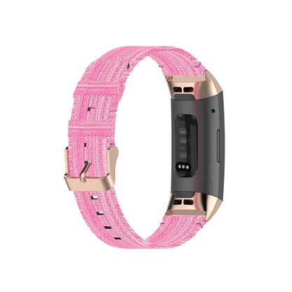 For Fitbit Charge 4 / Charge 3 / Charge 3 SE Stainless Steel Head Grain Nylon Denim Replacement Strap Watchband(Pink) by bashfashion