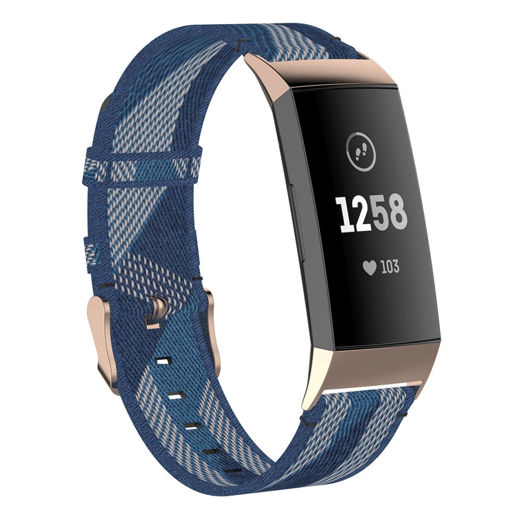 For Fitbit Charge 4 / Charge 3 / Charge 3 SE Stainless Steel Head Grain Nylon Denim Replacement Strap Watchband(Blue Stripe) by bashfashion
