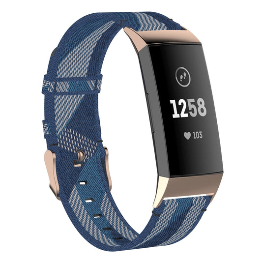For Fitbit Charge 4 / Charge 3 / Charge 3 SE Stainless Steel Head Grain Nylon Denim Replacement Strap Watchband(Blue Stripe) by bashfashion