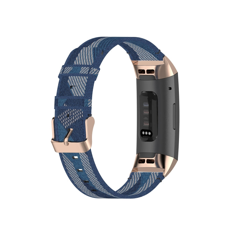 For Fitbit Charge 4 / Charge 3 / Charge 3 SE Stainless Steel Head Grain Nylon Denim Replacement Strap Watchband(Blue Stripe) by bashfashion