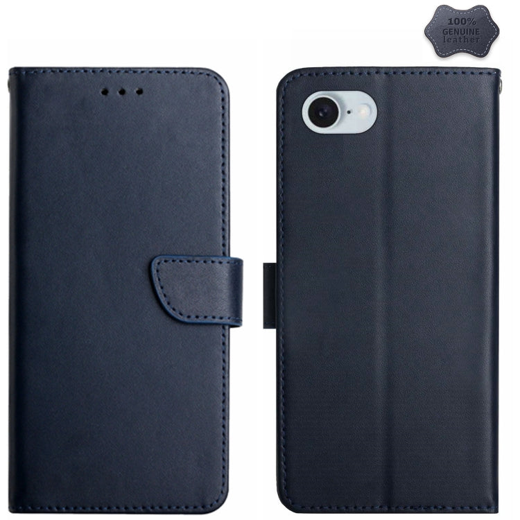 For iPhone 16e Genuine Leather Fingerprint-proof Flip Phone Case(Blue) by bashfashion