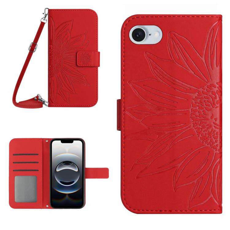 For iPhone 16e Skin Feel Sun Flower Embossed Flip Leather Phone Case with Lanyard(Red) by bashfashion