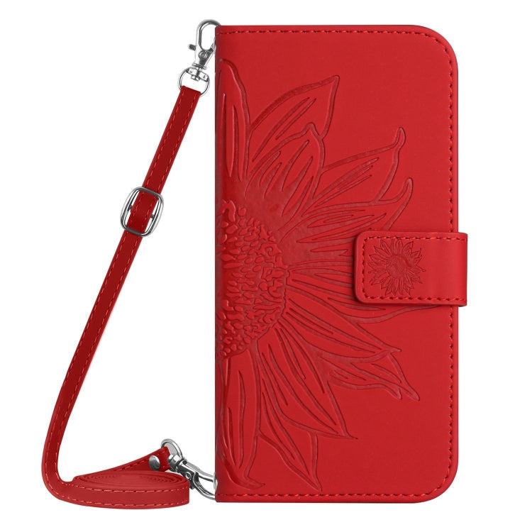 For iPhone 16e Skin Feel Sun Flower Embossed Flip Leather Phone Case with Lanyard(Red) by bashfashion