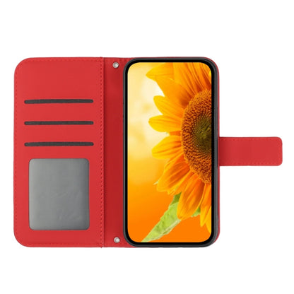 For iPhone 16e Skin Feel Sun Flower Embossed Flip Leather Phone Case with Lanyard(Red) by bashfashion