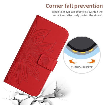 For iPhone 16e Skin Feel Sun Flower Embossed Flip Leather Phone Case with Lanyard(Red) by bashfashion