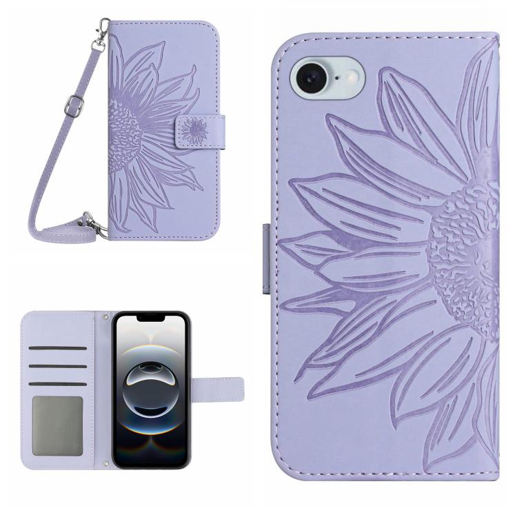 For iPhone 16e Skin Feel Sun Flower Embossed Flip Leather Phone Case with Lanyard(Purple) by bashfashion