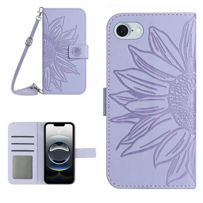For iPhone 16e Skin Feel Sun Flower Embossed Flip Leather Phone Case with Lanyard(Purple) by bashfashion