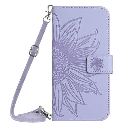 For iPhone 16e Skin Feel Sun Flower Embossed Flip Leather Phone Case with Lanyard(Purple) by bashfashion