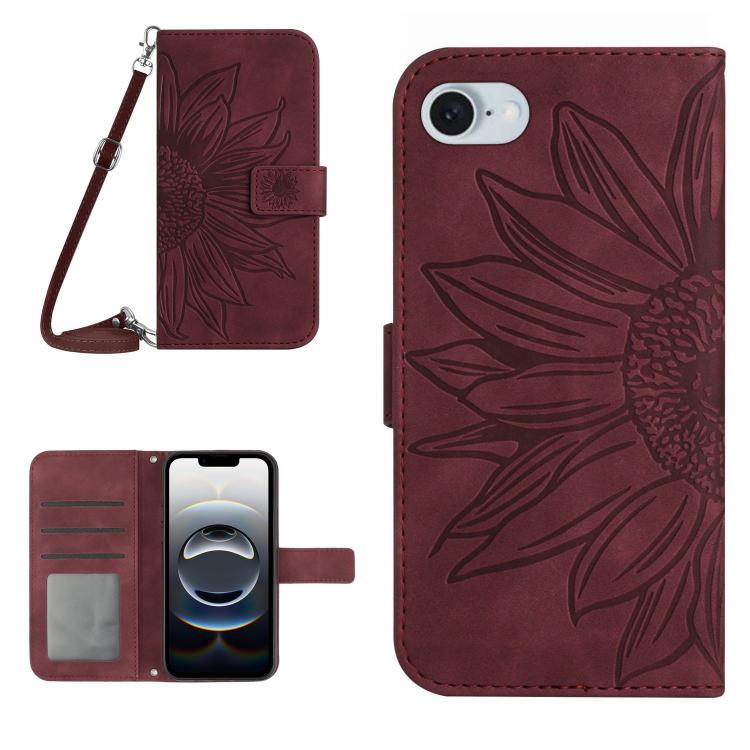 For iPhone 16e Skin Feel Sun Flower Embossed Flip Leather Phone Case with Lanyard(Wine Red) by bashfashion