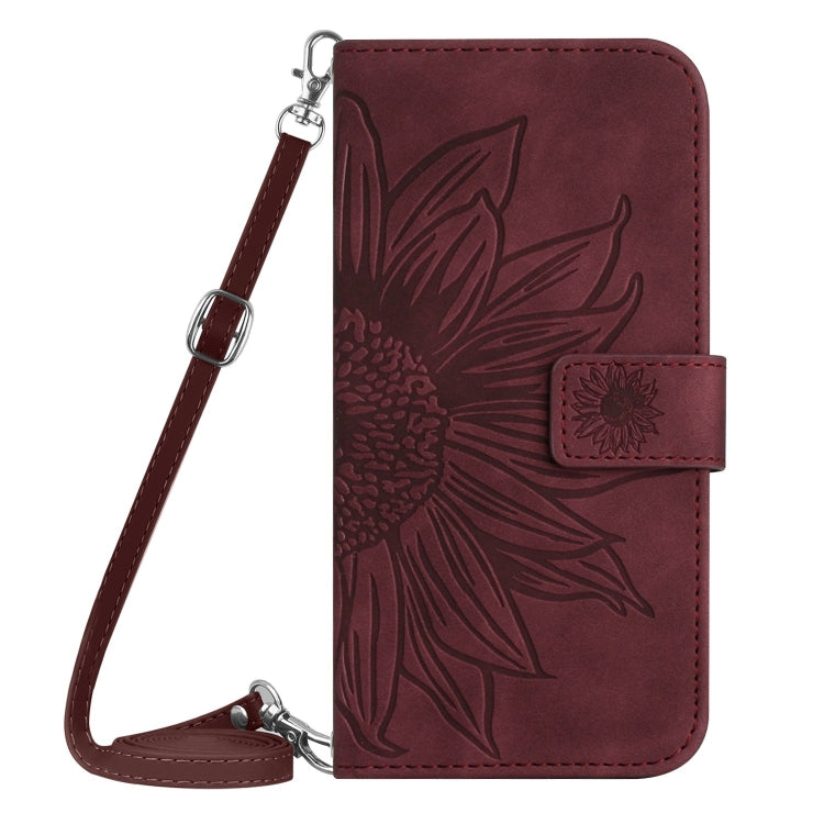 For iPhone 16e Skin Feel Sun Flower Embossed Flip Leather Phone Case with Lanyard(Wine Red) by bashfashion