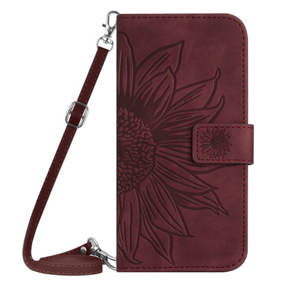 For iPhone 16e Skin Feel Sun Flower Embossed Flip Leather Phone Case with Lanyard(Wine Red) by bashfashion