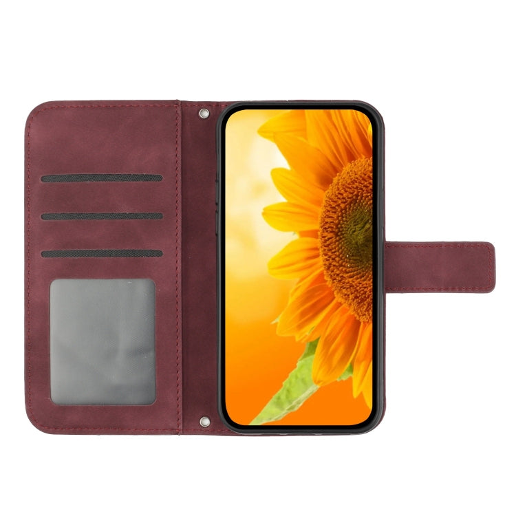 For iPhone 16e Skin Feel Sun Flower Embossed Flip Leather Phone Case with Lanyard(Wine Red) by bashfashion